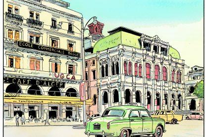 Alger, le café Tantonville et Théâtre national, par Jacques Ferrandez, extrait des Suites algériennes, tome 1.